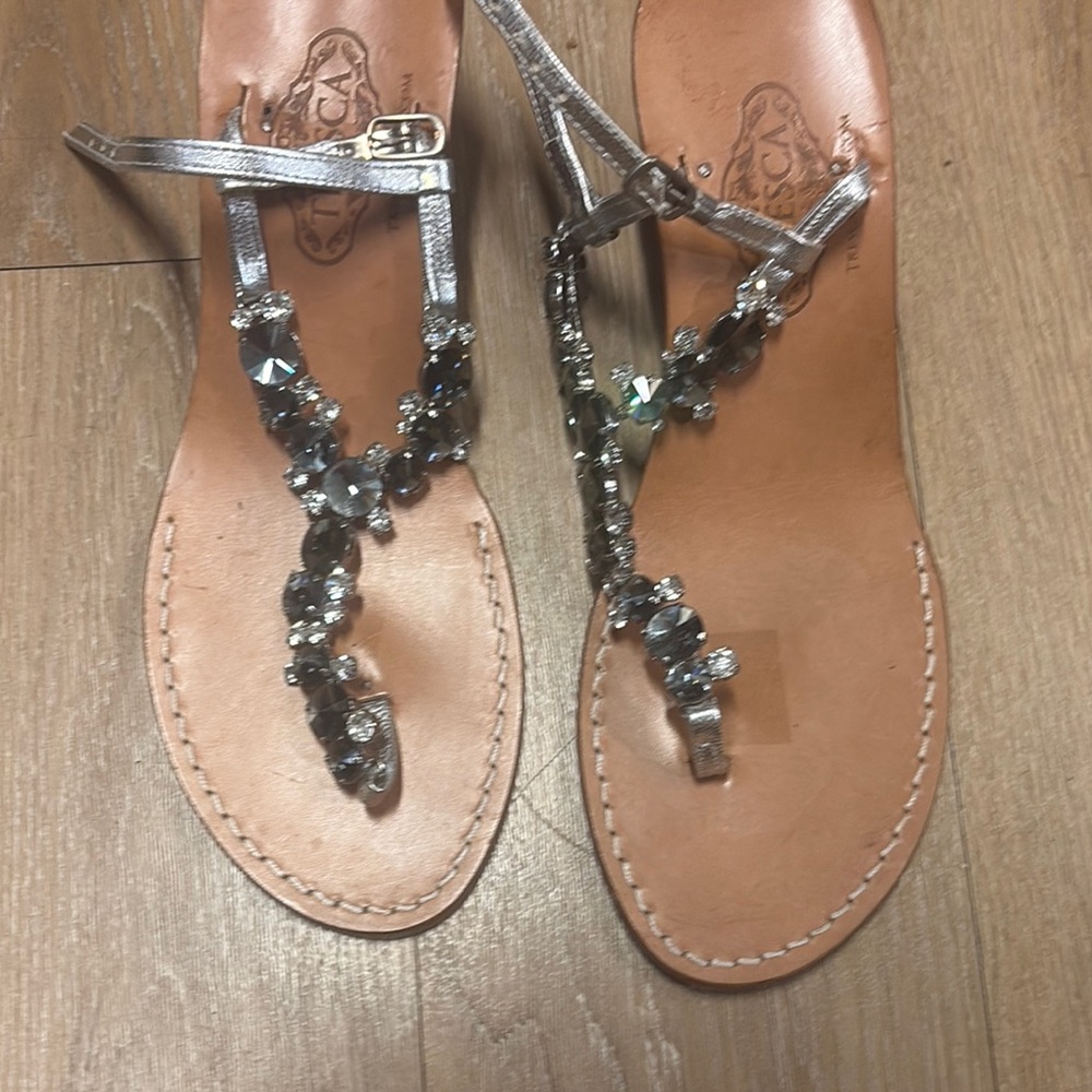 Embellished Metallic Silver T-Strap Women's Sandals Size 43